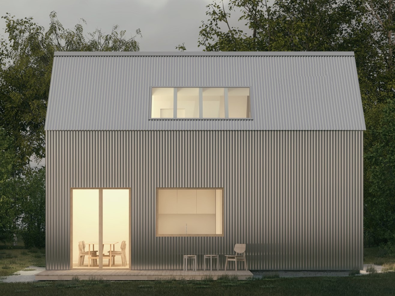 Modern barn-style ADU with corrugated metal cladding