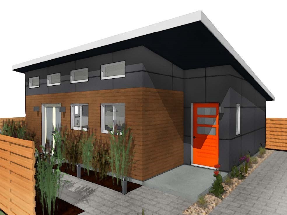 Modern detached ADU with cedar and dark panel siding and bold orange entry door
