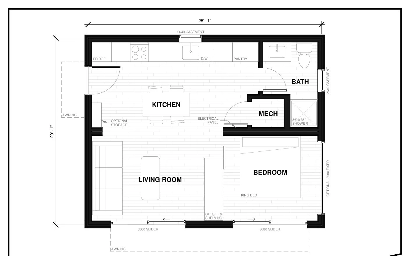Bowen 5 prefab ADU floor plan — 500 sq ft, 1 bed, 1 bath