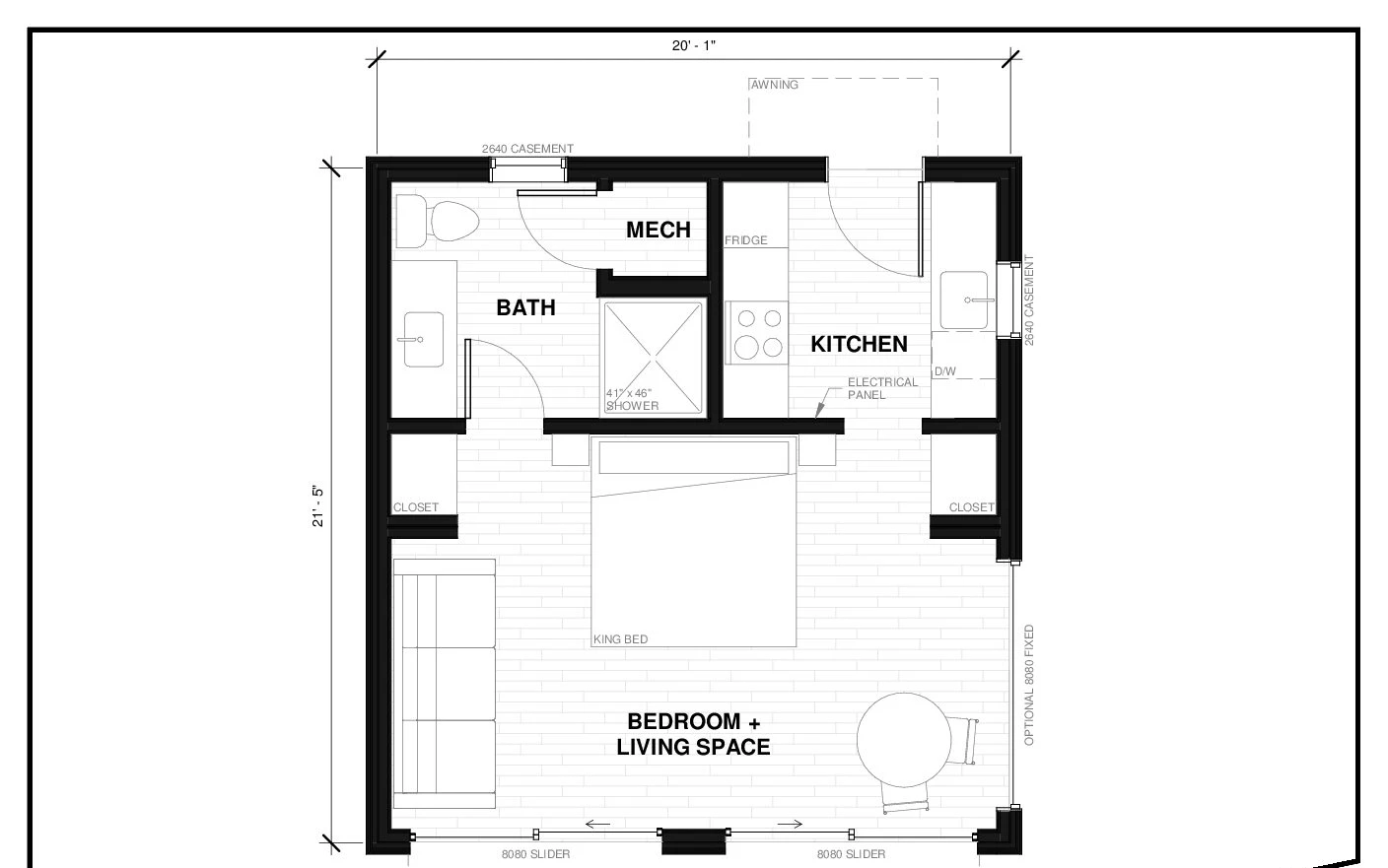 Douglas 4 floor plan — 430 sq ft, 1 bed, 1 bath prefab ADU