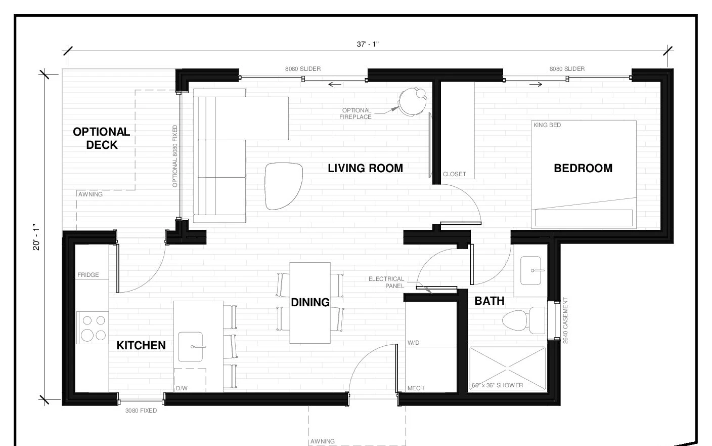 Gambier 6 floor plan — 600 sq ft, 1 bed, 1 bath prefab ADU