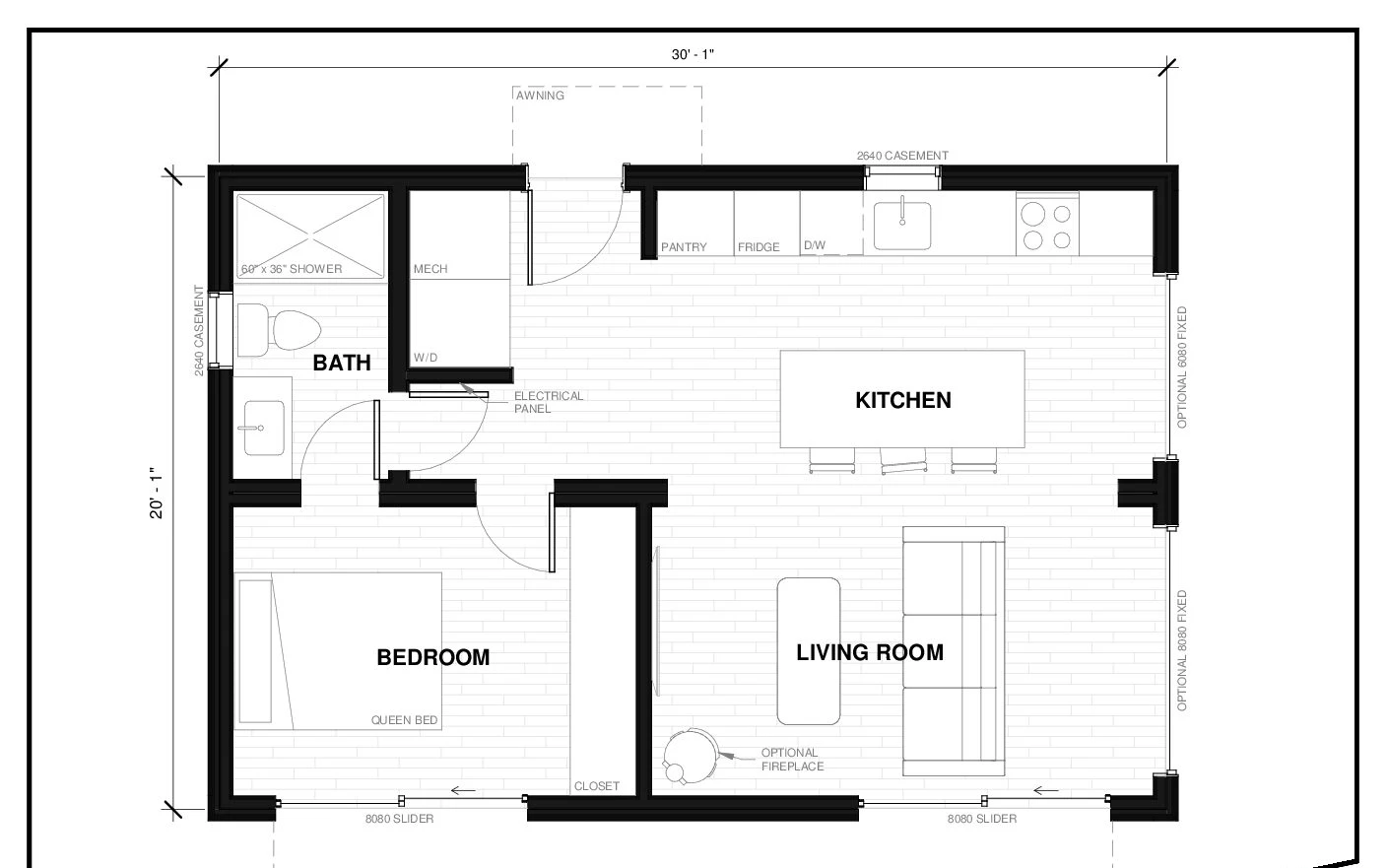 Granville 6 floor plan — 600 sq ft, 1 bed, 1 bath prefab ADU