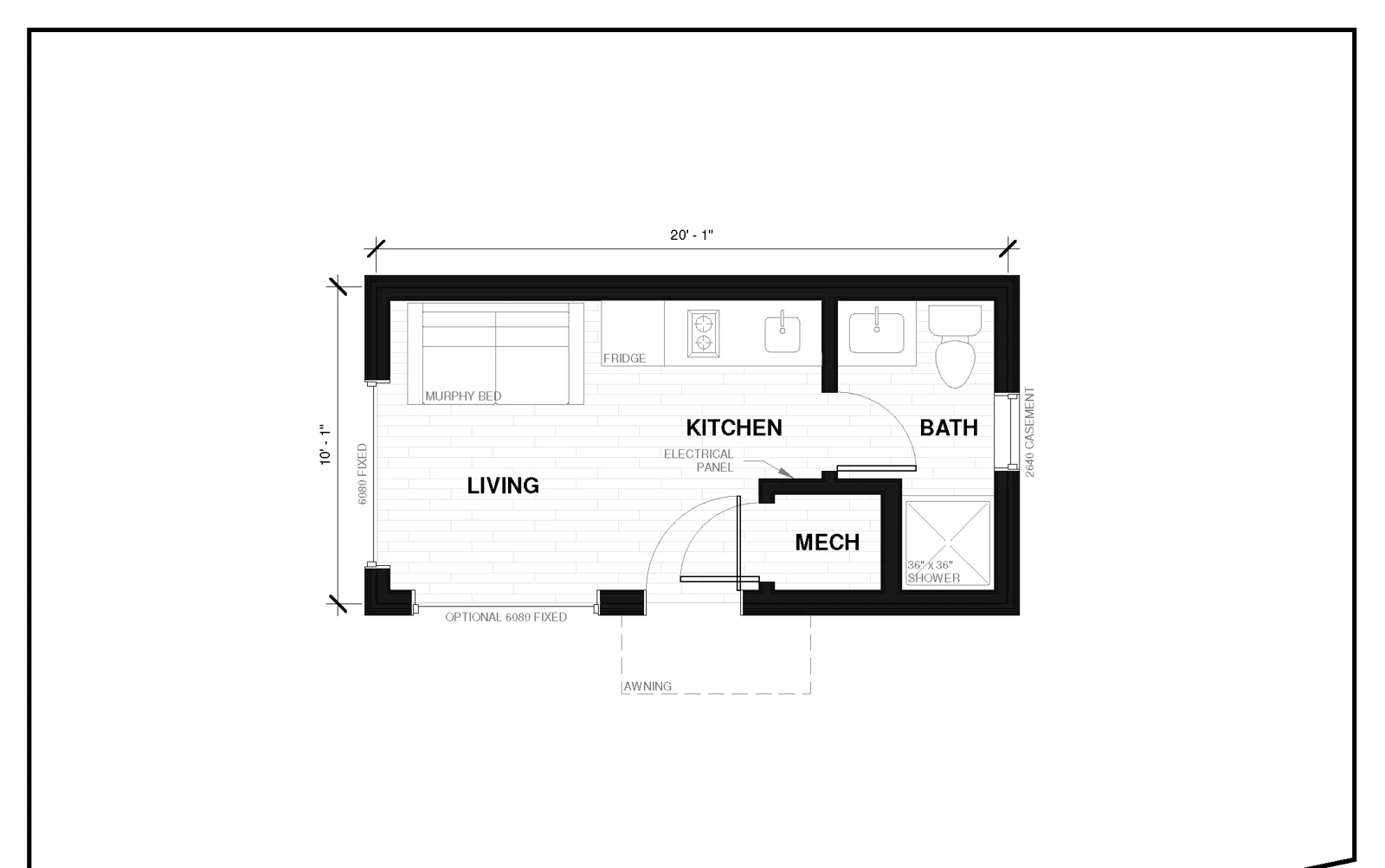 Nootka 2 prefab ADU floor plan — 200 sq ft, Studio bed, 1 bath