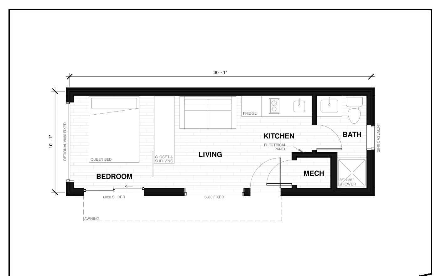 Pender 3 prefab ADU floor plan — 300 sq ft, 1 bed, 1 bath