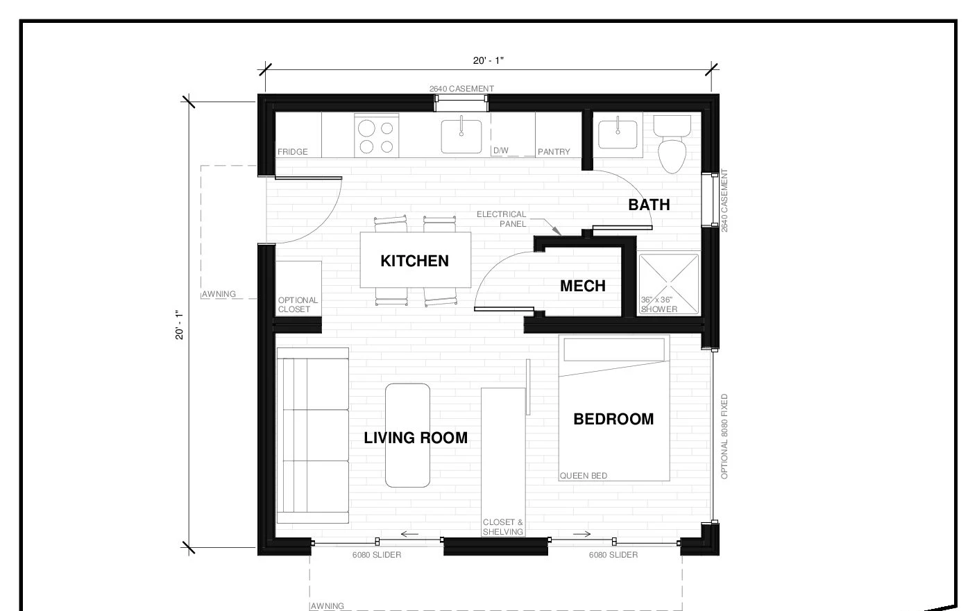 Quadra 4 floor plan — 400 sq ft, 1 bed, 1 bath prefab ADU