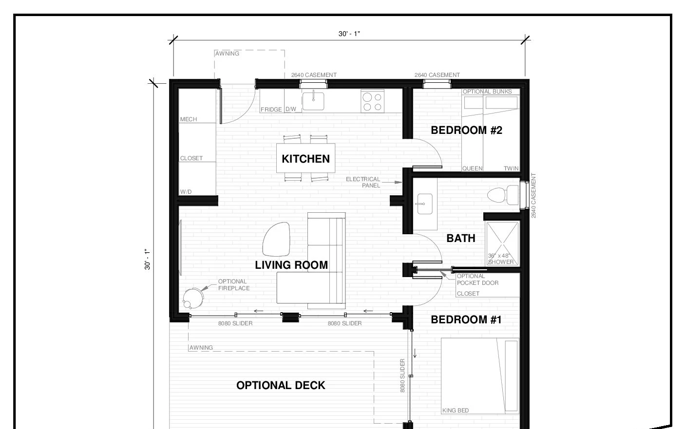 Saturna 7 prefab ADU floor plan — 700 sq ft, 2 bed, 1 bath